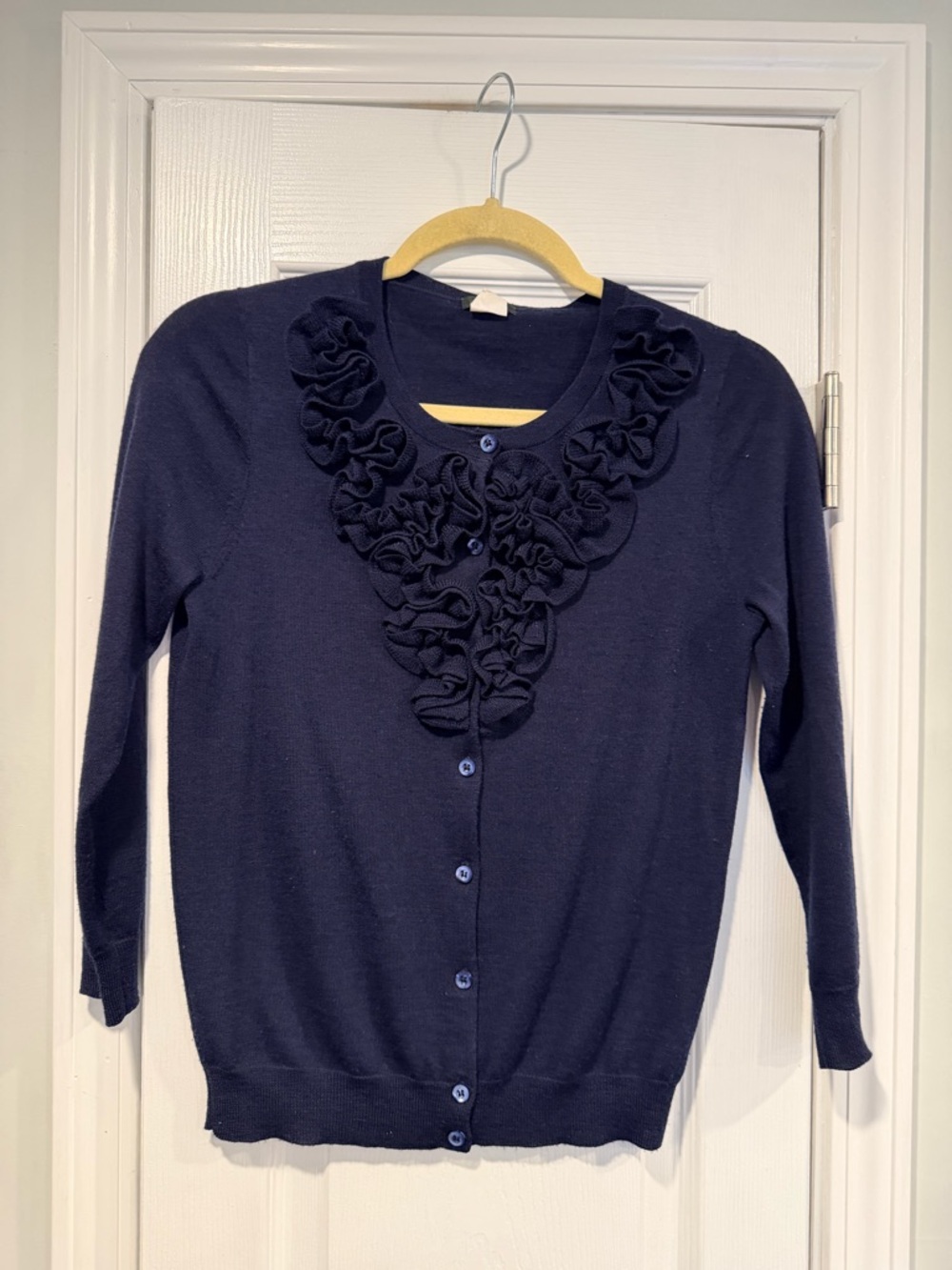 J. Crew Size S Navy Blue Merino Wool Lightweight Ruffle 3/4 Sleeve Cardigan